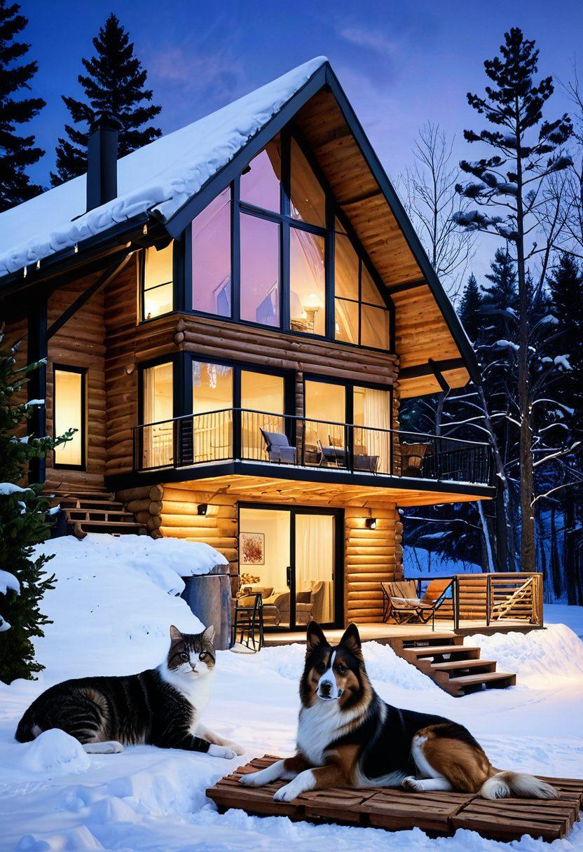 A warm, inviting scene featuring a cozy log cabin in a snowy landscape and a modern pet-friendly apartment with a balcony overlooking a city skyline. Include a happy dog and cat in the foreground, enjoying their respective spaces. Soft lighting creates a welcoming atmosphere, showcasing vacation comforts. Lush greenery around the apartment and snowy trees around the cabin add to the contrast. super-realistic. vibrant colors. cheerful ambiance.