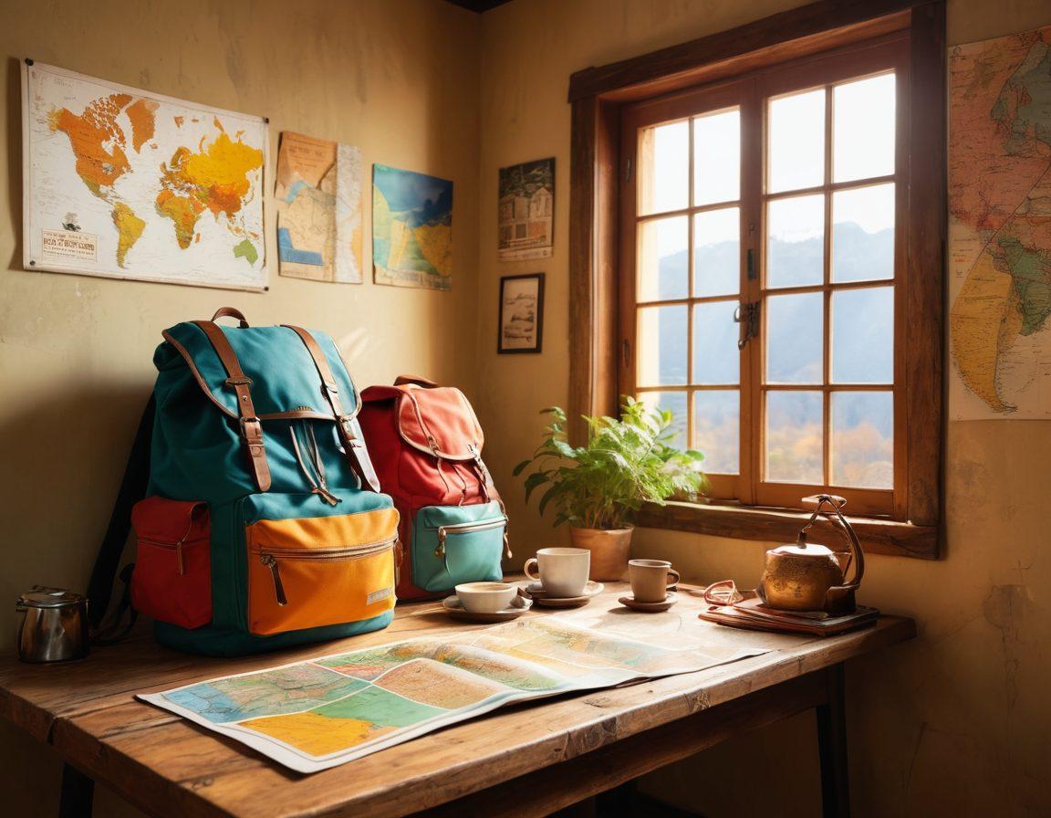 A cozy and inviting budget accommodation, featuring a colorful backpack by the door and a map spread out on the table. Sunlight streaming through the window creates a warm ambiance, showcasing rustic wooden furniture and vibrant travel posters on the walls. A diverse group of happy travelers discussing their plans over coffee, representing various cultures. A window view of a beautiful nature landscape outside, emphasizing adventure and affordability. super-realistic. vibrant colors. warm tones.