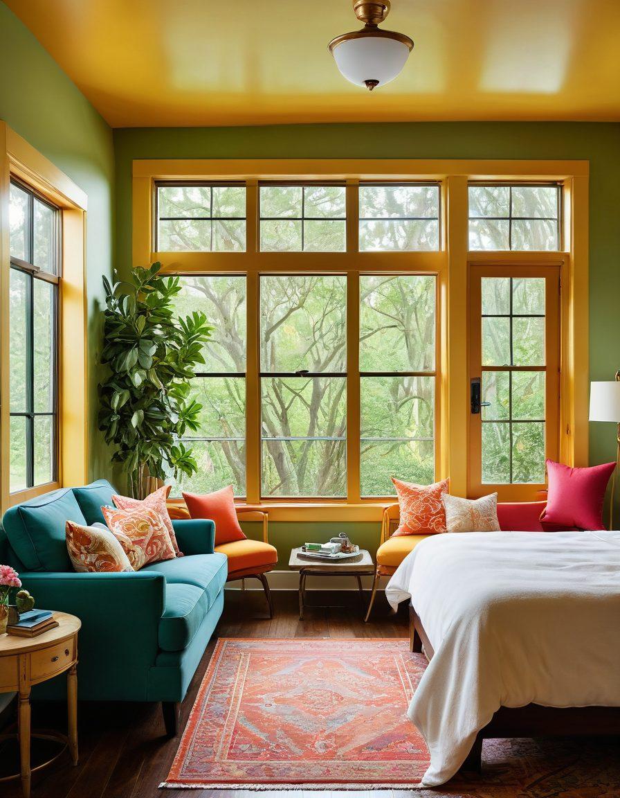 A cheerful family enjoying a cozy guest suite, with vibrant decor and budget-friendly amenities, surrounded by lush greenery and inviting landscapes. Include a picturesque vacation home in the background, highlighting affordability and comfort. Warm sunlight filtering through the windows, creating a welcoming atmosphere. super-realistic. vibrant colors. peaceful setting.